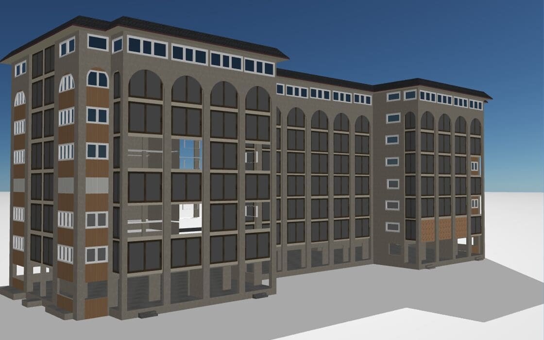 A 3 d rendering of an apartment building with a lot of windows.