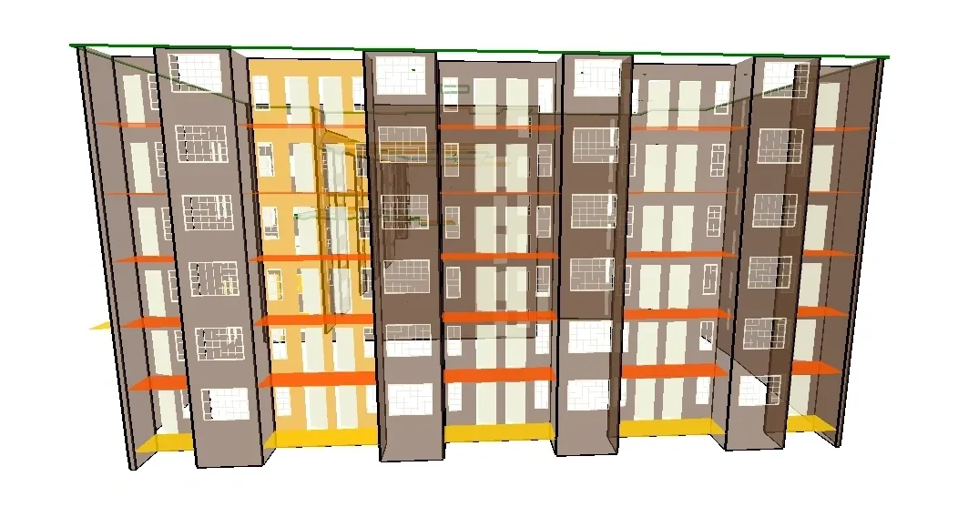 A series of buildings with different colors and sizes.