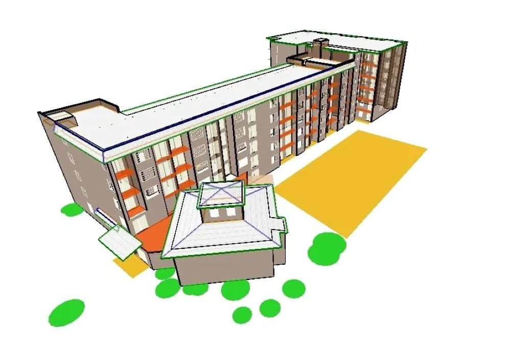 A 3 d image of an apartment building with green trees around it.