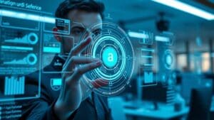 Man interacts with digital data display.
