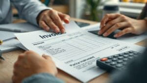 Invoice review with calculator and phone.