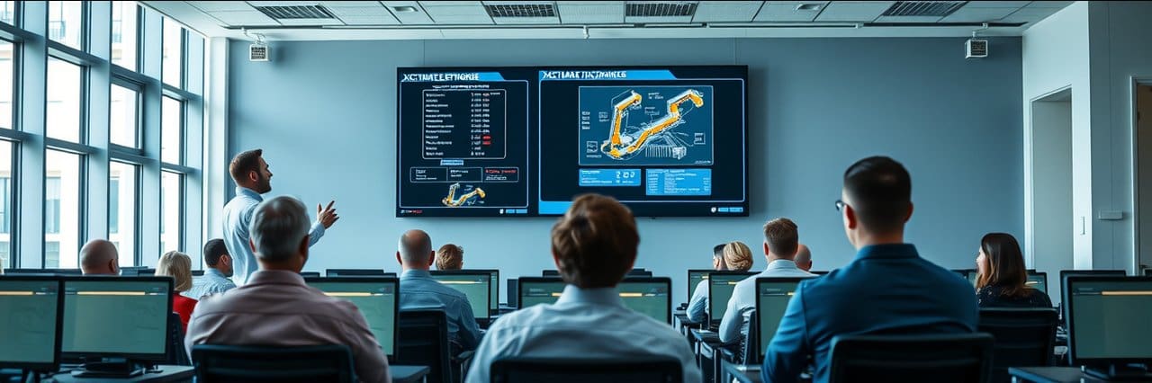 Professional xactimate training session in modern classroom with instructor and digital displays.